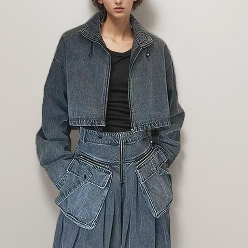 European & American Retro Workwear Denim Suit with Long-Sleeved Crop Top & High-Waist Wide-Leg Pants for Spring/Summer 2025.