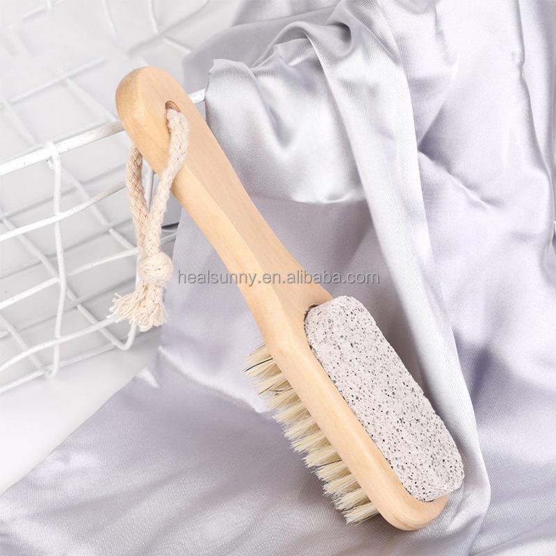 2 in 1 Double-sided Foot Care Scrub with Wooden Handle Foot File and Pumice Stone Cleaning Brush Nail Dusting Brush