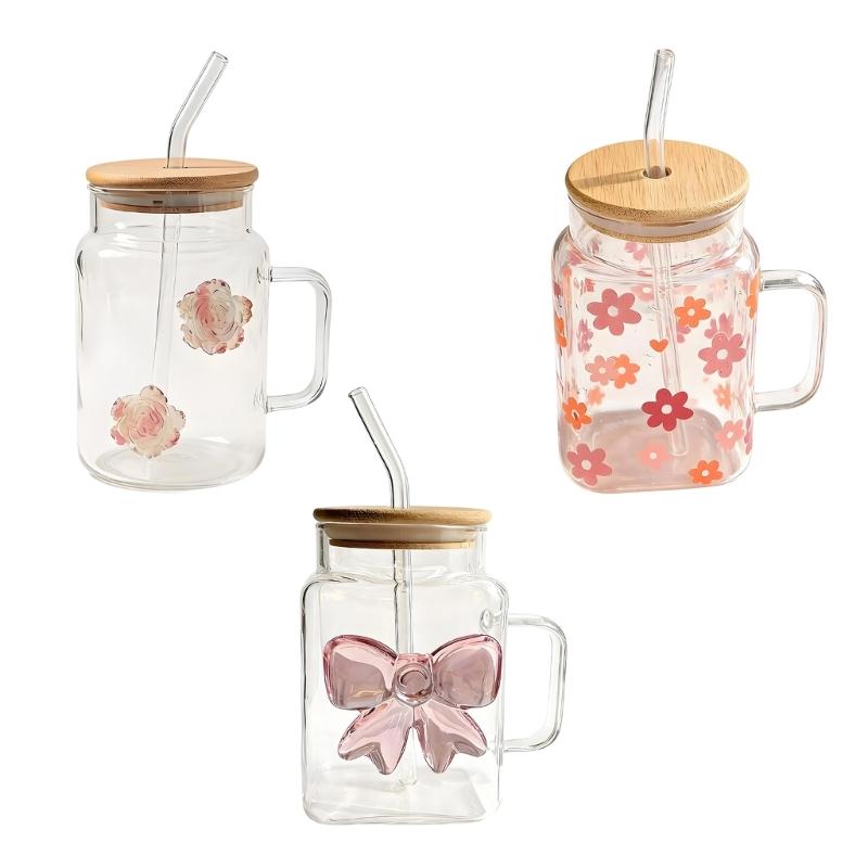 Premium Glass Tumblers With Ergonomic Handle And Straw Wooden Lid For Hot and Cold Drink Juice Coffee Tea Drinking Mug