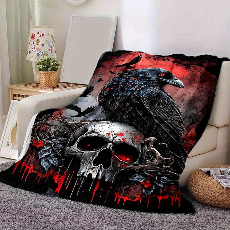 1pc Crow and Skull Blanket Soft Throw for Home Decor, Gift Idea, Living Room, Travel, Camping, Car Blankets