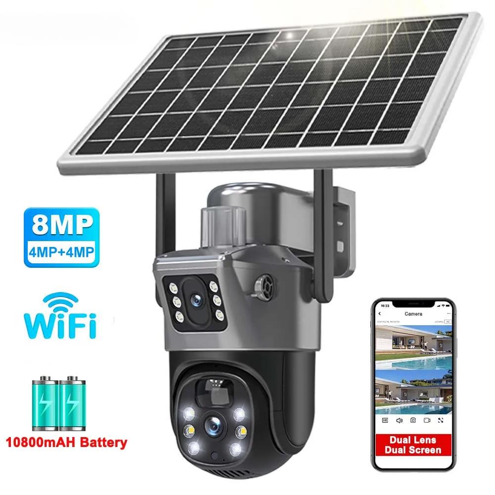 4K 8MP Dual Lens Solar Camera Outdoor Security WiFi Surveillance Cameras With Solar Panel PIR Human Detection PTZ CCTV Camera