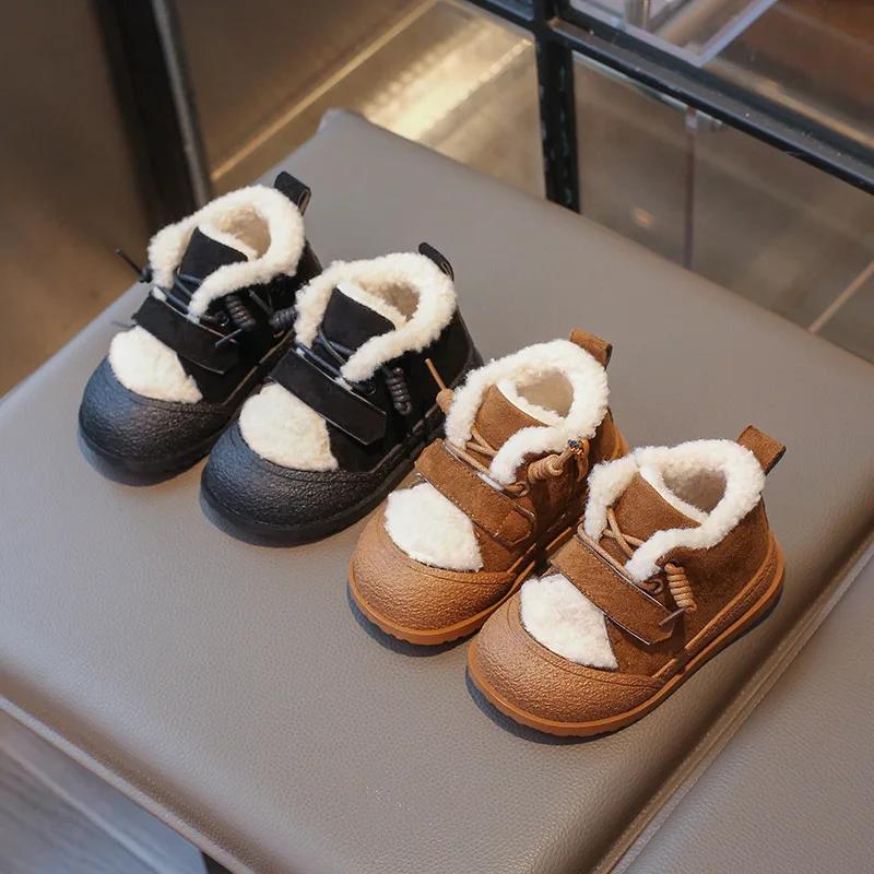 2024 Winter Kids Snow Boots Soft Bottom Girls Causal Cotton Shoes Fashion Versatile Outdoor Children Boys Plush Boots Hook Loop