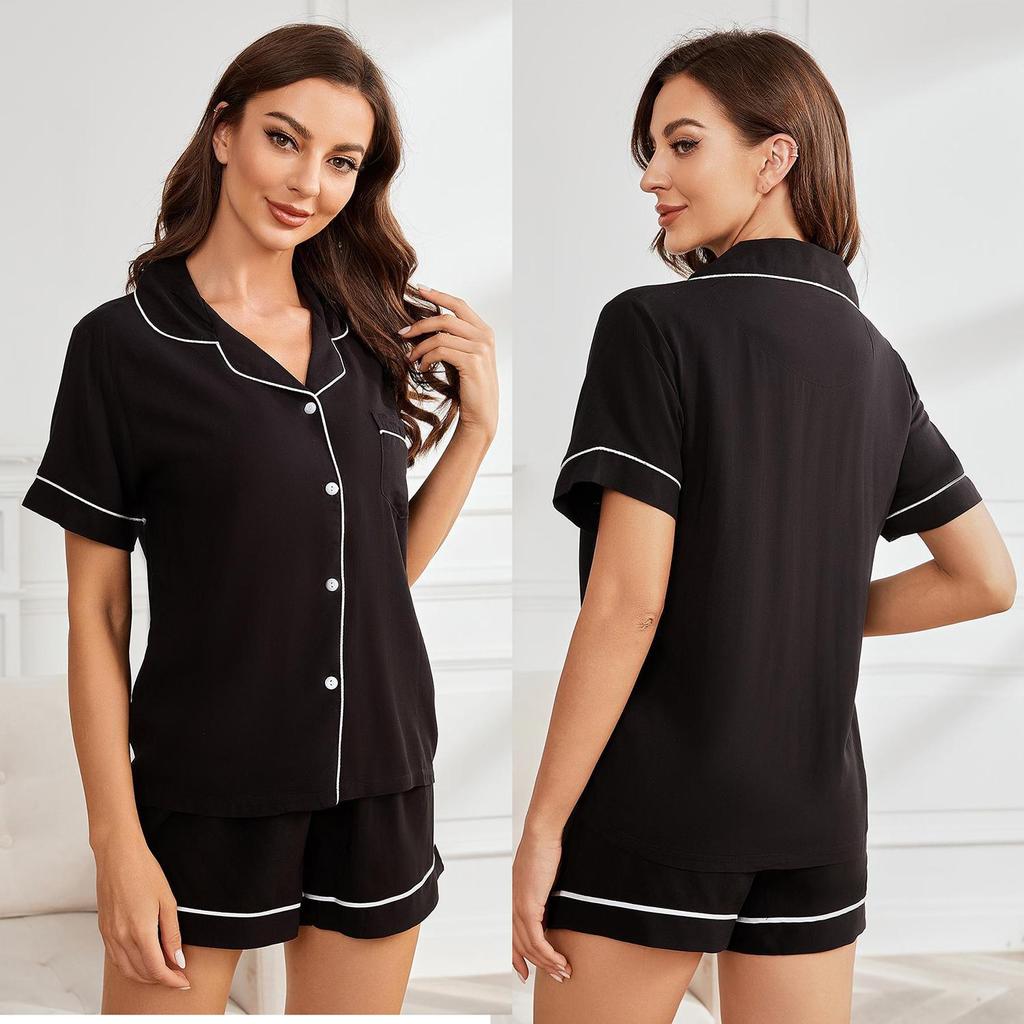 Women’s Sleeping Suits Rayon Short Sleeves Pajamas Button Up Piped Shirt and Shorts 2 Pieces Set Summer Home Night Sleep Casual Lounge Wear