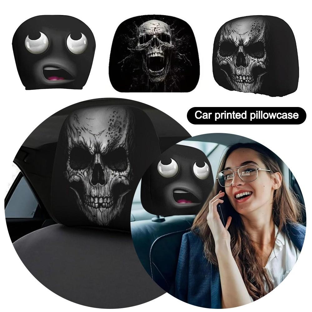 1Pc Black Skull Pattern Car Headrest Cover Universal Car Pillowcase Car Seat Cover Halloween