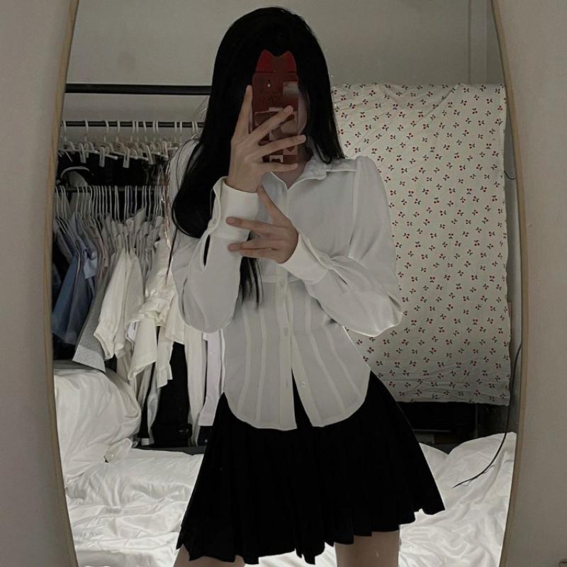 Рубашки женские, однотонные, в консервативном стиле, милые, простые, блузки, повседневные, базовые, тонкие, женские, хипстерские, Ulzzang JK, универсальные топы, популярные Ins