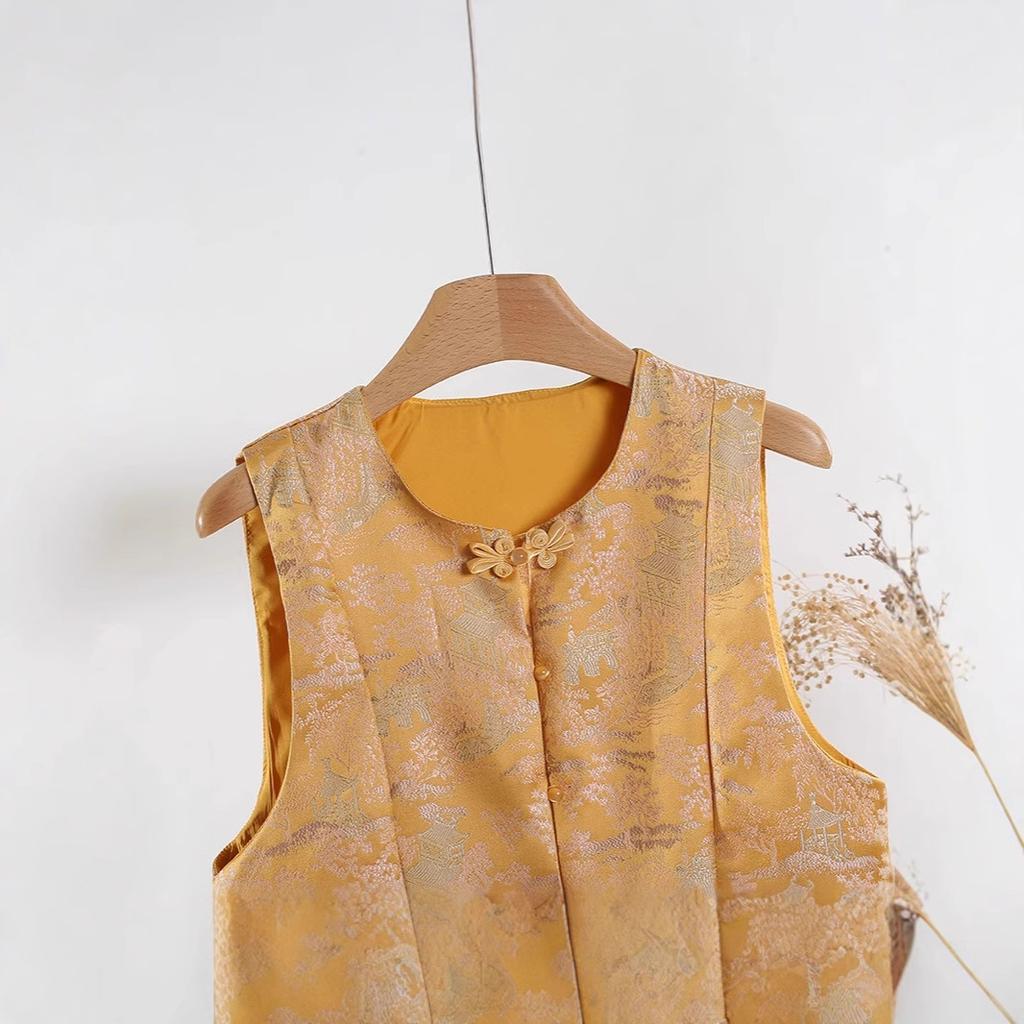 Женский жилет из настоящего жаккардового парчового материала, новинка начала весны 2025 года, жилет-топ со сладким темпераментом