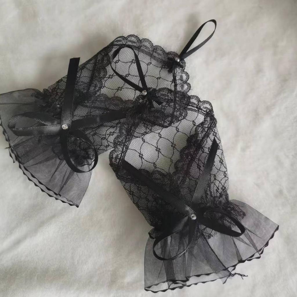 Lace Short Gloves for Women Bridal Wedding Mesh Hand Sleeves with Handmade Ribbon Bow And Hook Finger Glued