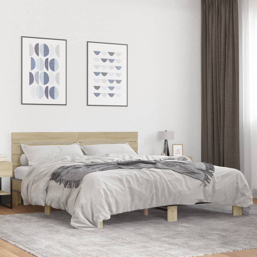 Bed Frame in Sonoma Oak 200x200 cm Wood Based Material and Metal