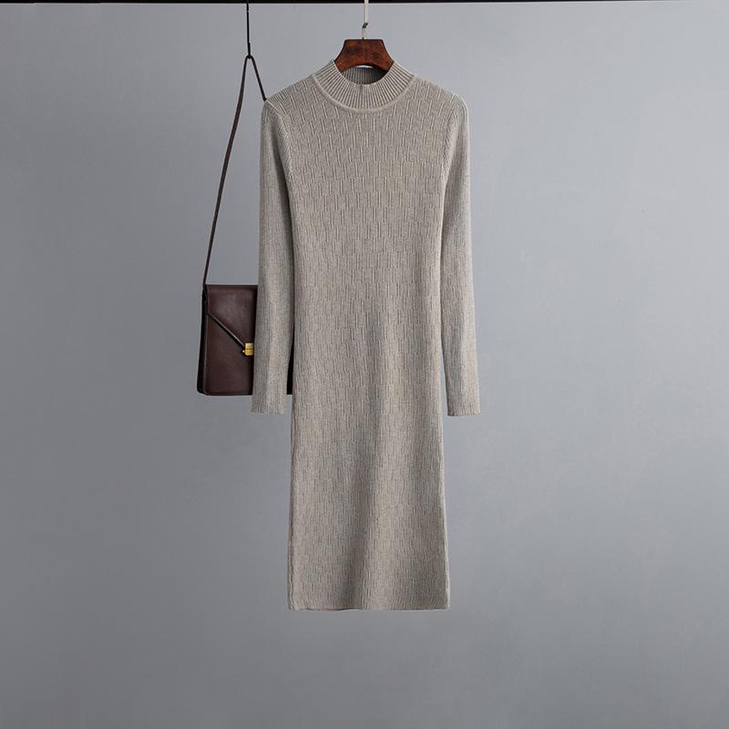 Women New Autumn Winter O Neck Slim Causal Long Sleeve Knit Solid Color All Match Sweater Dress