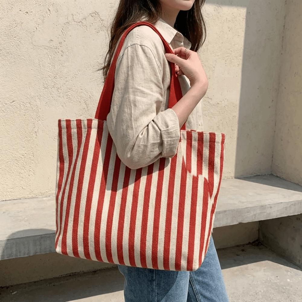 Zipper Shoulder Bag Canvas Shopping Handbag Retro Stripe Canvas Tote Bag Girls