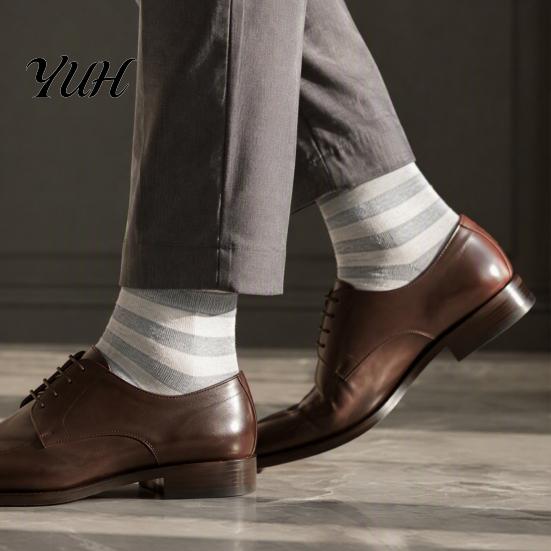 Comfortable Business Dress Socks 1 Pair Men's Stripe Crew Socks, Mid-Calf for Business, Large Size Casual Breathable Cotton with High-Elastic