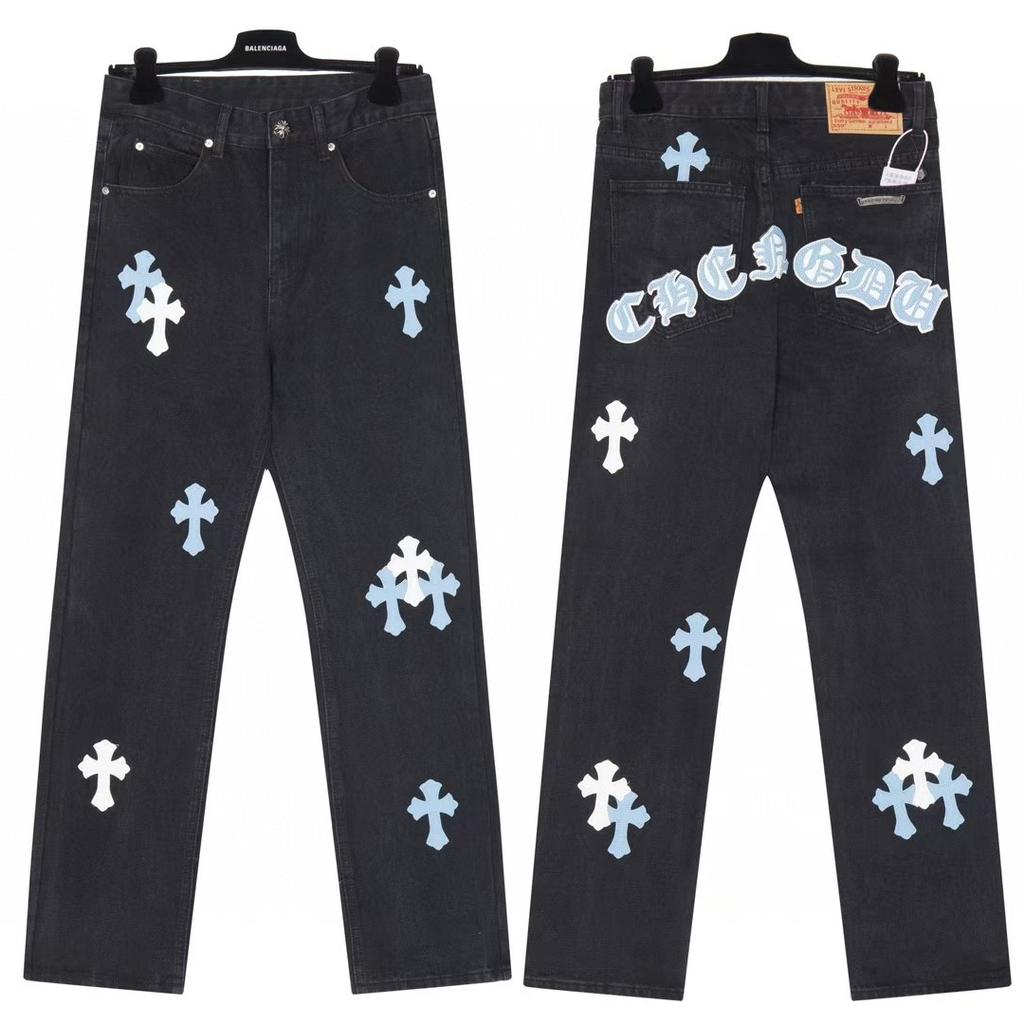 9904 CHROME HEARTS Men's and Women's American Style Trendy Jeans with Fabric Patches, Casual and Fashionable High Street Pants