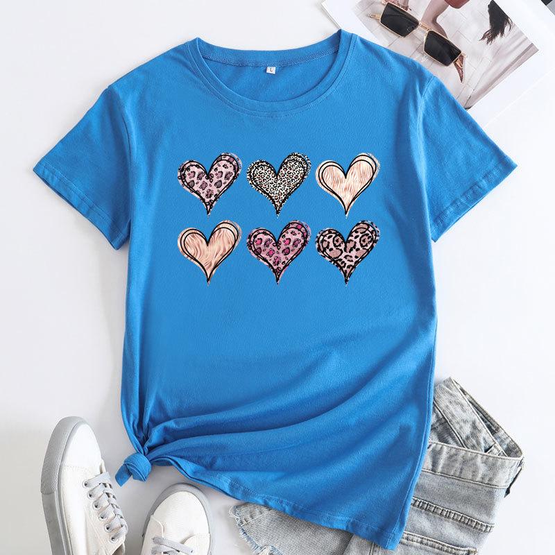Летние женские футболки больших размеров с цветным принтом в виде сердца, свободные, с круглым вырезом, повседневные, из чистого хлопка, с короткими рукавами, женские