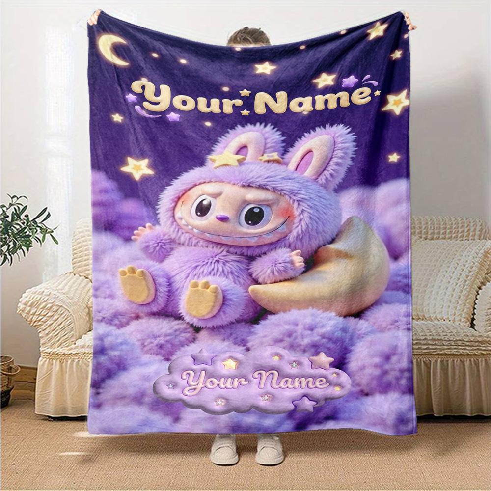 Labubu Personalized Text Blanket Throw Customizable Blanket Soft Warm Cozy Perfect for Office Living Room Couch Seaside Four Seasons Multipurpose
