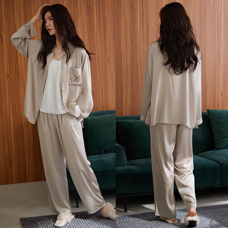 XULEN Couple' Pajamas, Spring And Autumn Ice Silk Long-Sleeve Loungewear Set, 63526 Tea