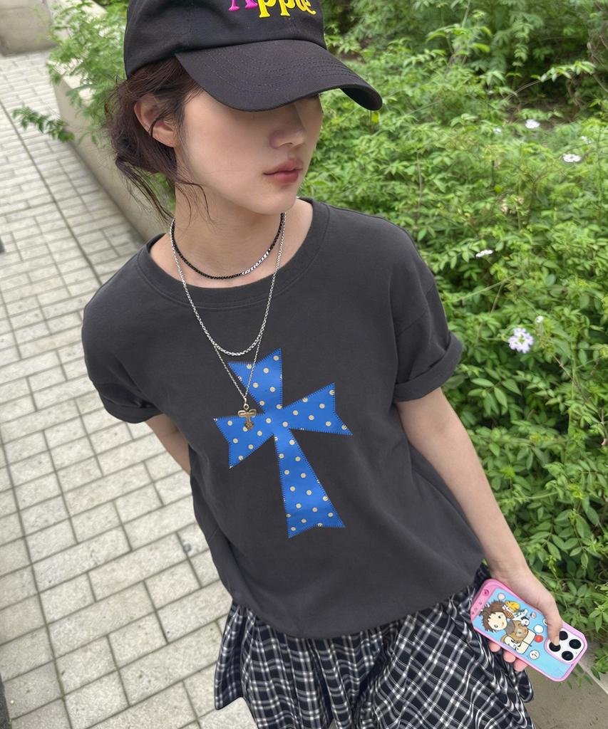 GRAVER [Unisex]Dot Cross Short Sleeve T-Shirt_5Color
