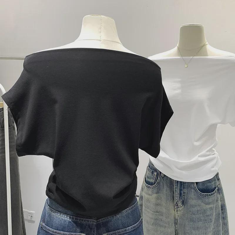 Женские летние футболки на одно плечо с коротким рукавом, облегающие талию, плиссированные, 2024 г.