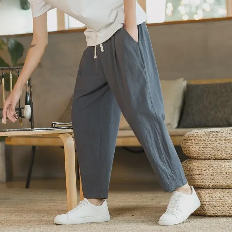 Мужские свободные льняные брюки в китайском стиле - летние тонкие, прямые, широкие шаровары