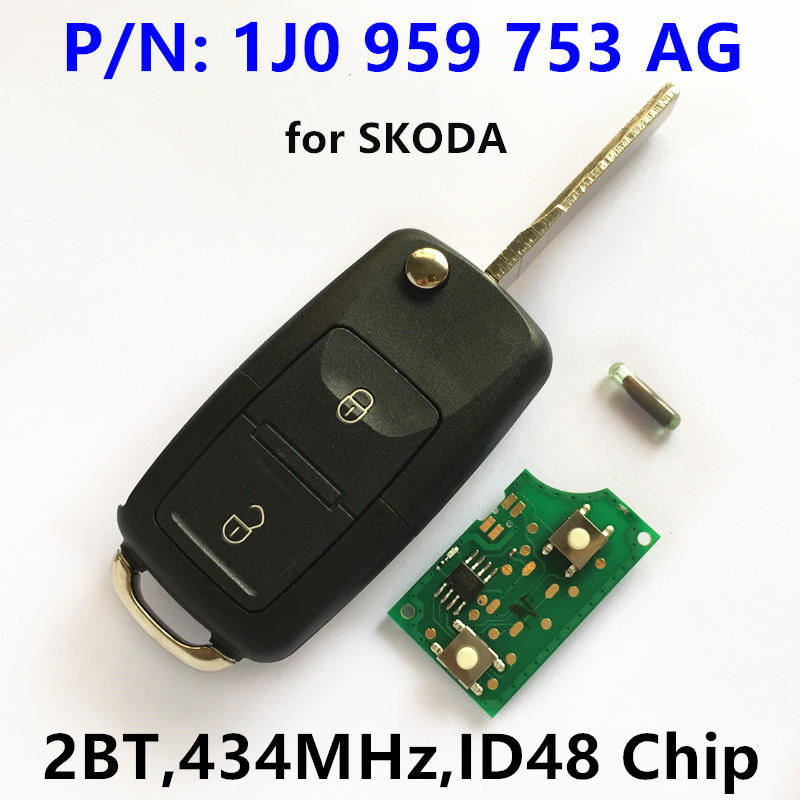2 кнопки дистанционного ключа для Skoda Fabia Octavia Superb Keyless /434 МГц/ ID48 Chip/5FA 008 399-00/ 1J0959753AG/ 1J0 959 753 AG 753AG