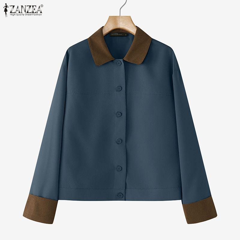 ZANZEA Женская блузка с отложным воротником, свободного кроя, с длинными рукавами и вставками