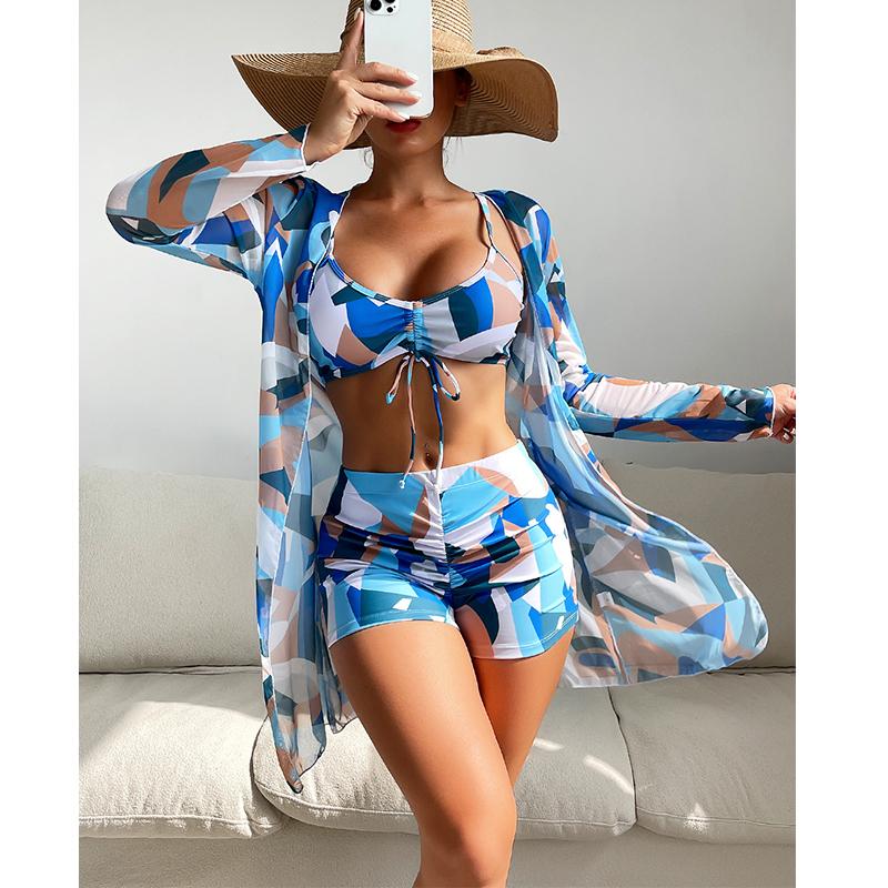 Women Swimsuit High Waist Bikini Set Three Pieces Women Sexy Long Sleeve Cover Up Swimsuit Beach Bathing Suits Swimwear