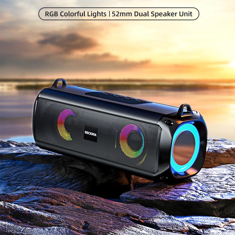 Rockmia 10w RGB LED Lights Speaker EBS-045 Bluetooth 5.0 Portable Wireless Music Player Micrphone TF Card Shoulder Strips