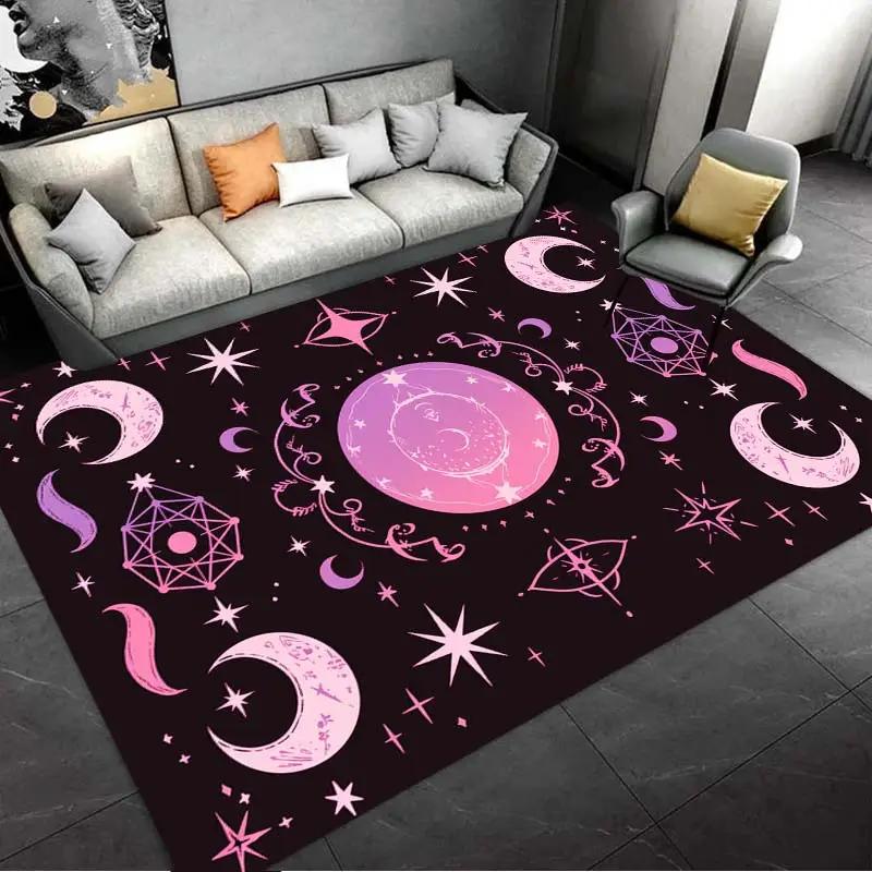 Pinkish Purple Moon Carpet Living Room Girls Room Mysterious Witch Flowers NonSlip Rug Home Hallway Area Decor Rug Doormat