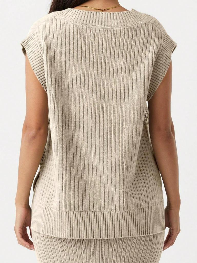 Women's Oversized V Neck Sweater Vest Sleeveless Ribbed Knit Loose Fit Top