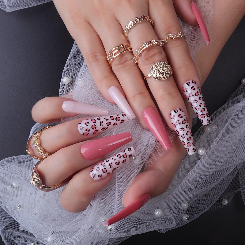 24pcs Reusable Adhesive Fake Nails French Long Ballet Pink Rose Contrast Line Press On Nails