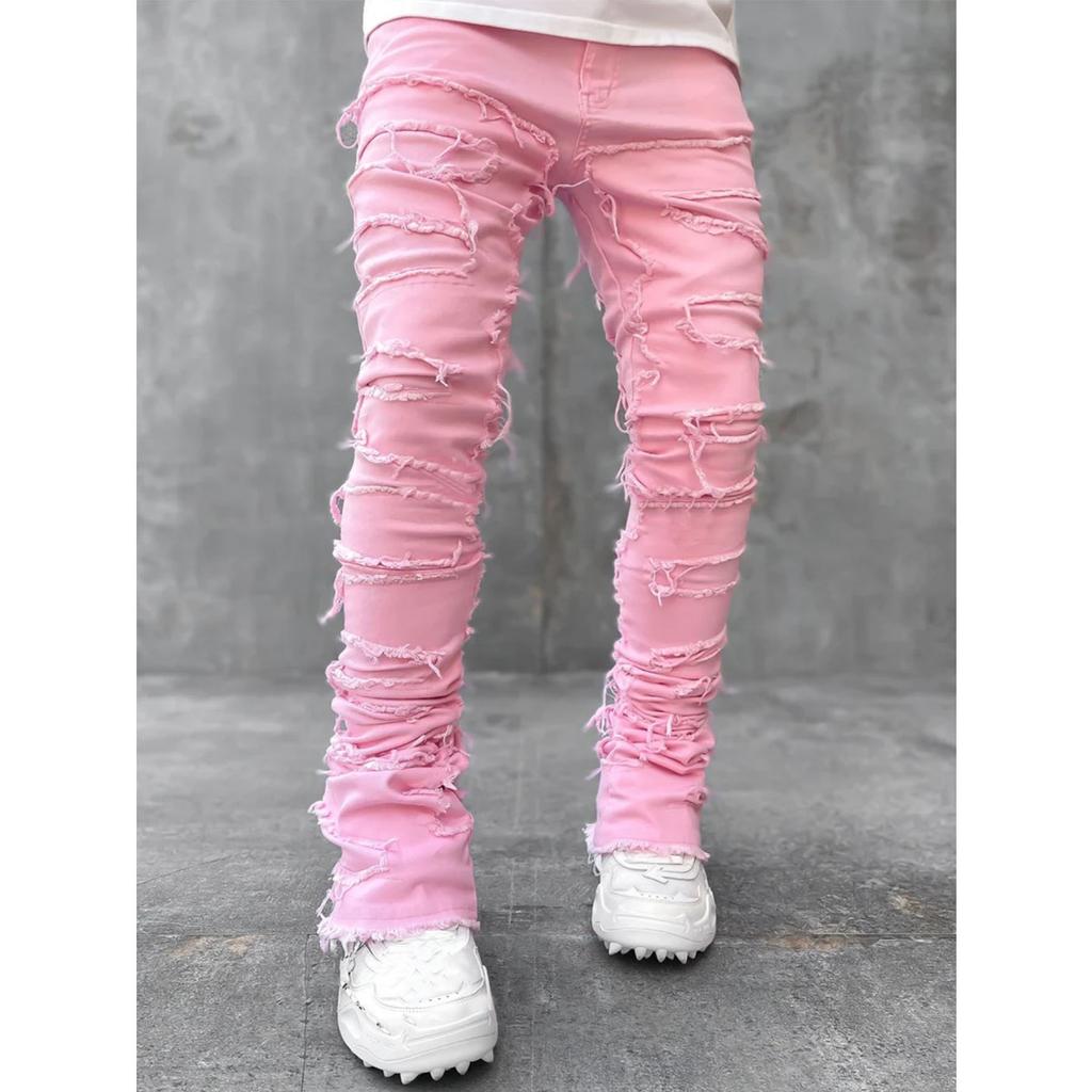 GLYDE Casual Distressed Men's Jeans Tassels Patchwork Design Vintage Washed Stretch Denim Pants Straight Fashion Streetwear Trousers