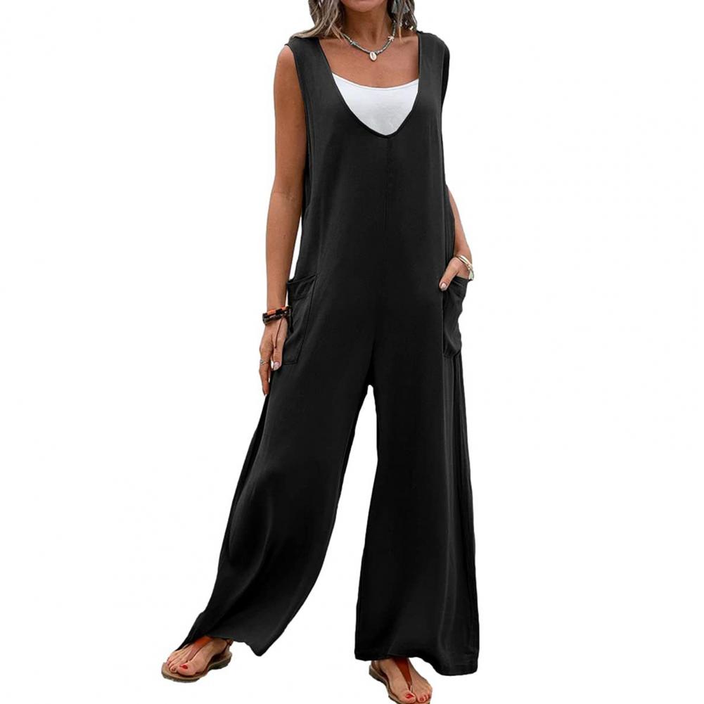 Summer Women Jumpsuit V Neck Wide Leg Deep Crotch Sleeveless Loose Solid Color Side Pockets Pullover Casual Daily Wear Full Leng