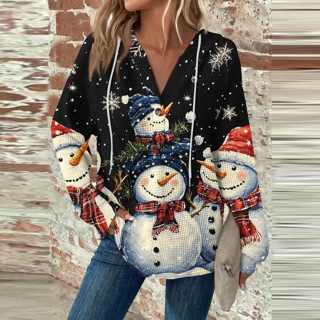 Женский повседневный топ с длинными рукавами, пуговицами, V-образным вырезом, рождественским принтом, завязками и капюшоном