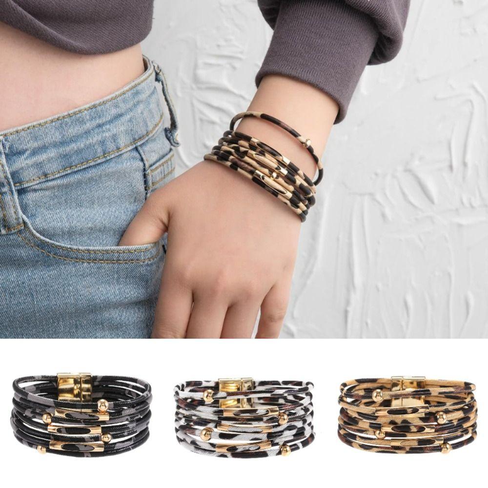 Бохо стиль леопард кожа браслеты украшения для рук магнитный браслет многослойные браслеты вечеринка