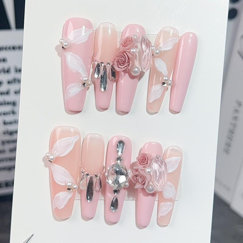 Long Press-On Nails With Rose Floral Design Elegant French Style Thin Invisible Tips Women