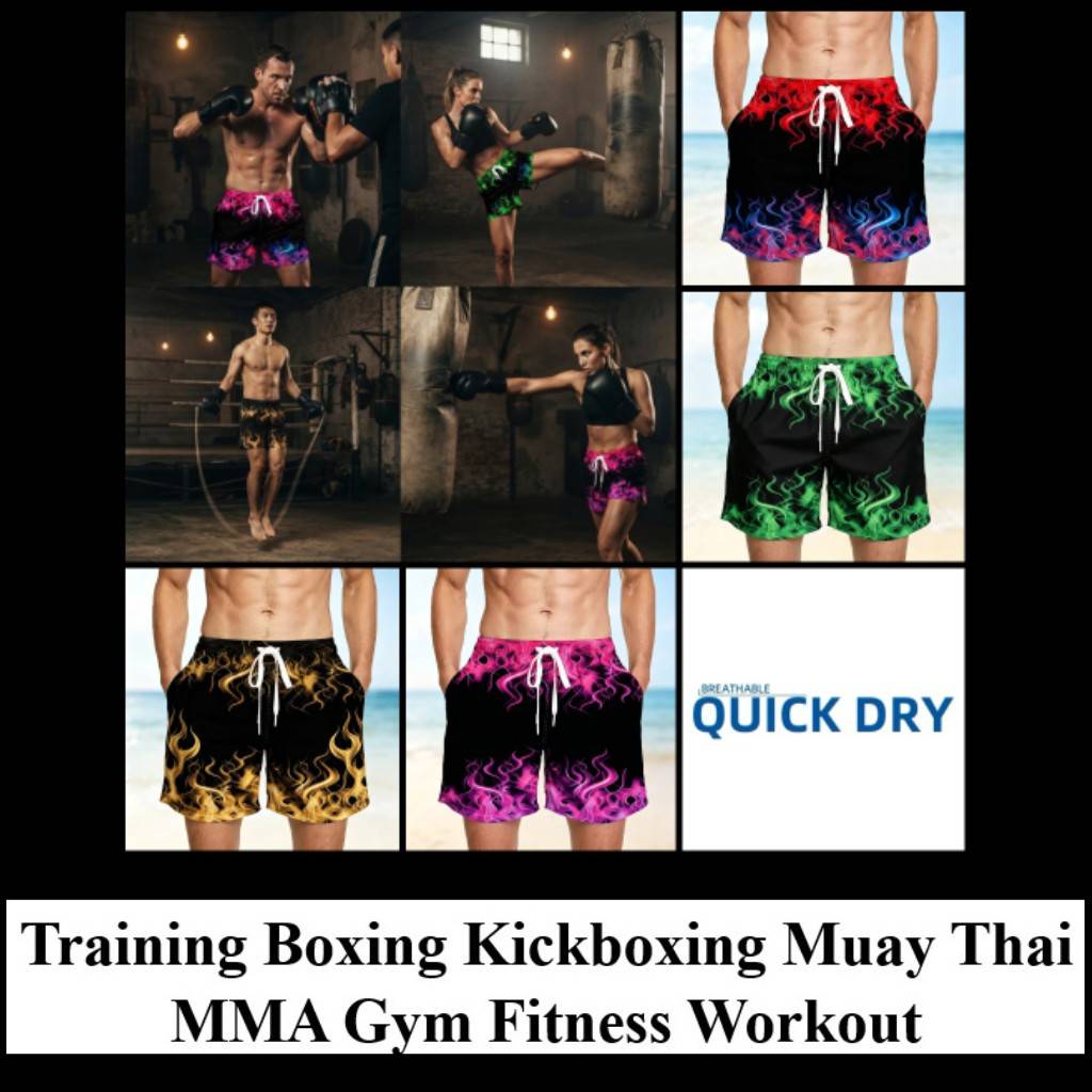 Shorts Flame Fire Red Blue 3D Print Training Muay Thai Kickboxing Boxing MMA Unisex Gym Fitness Workout Quick Dry Elastic Waist