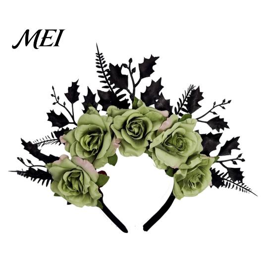 Streetwear Gothic Hairband for Women Halloween Rose Headband, Flower Leaf Crown Hair Hoops Bands, Floral Party Headpiece Cosplay Dress Up Accessories