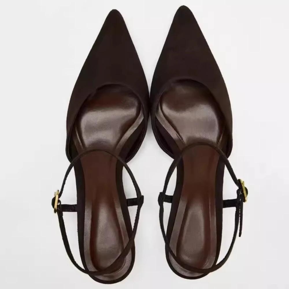 Retro Brown Pumps Women Fashion Pointed Toe Ankle Buckle Kitten Heel Sandals Elegant Commuter Slingback Office Shoes