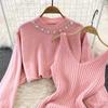 Women Autumn Winter O Neck Beaded High Waist Short Open Bellybutton Sweater Two Piece Knitted Tank Top Dress