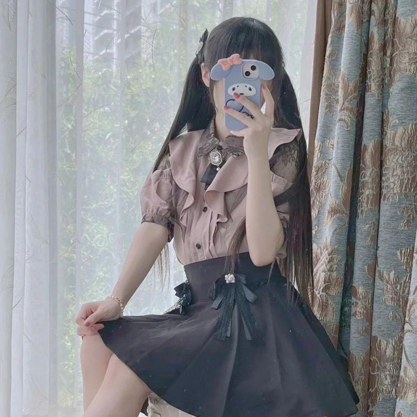 Милая блузка в японском стиле, элегантные милые топы с короткими рукавами, повседневная женская эстетичная рубашка, кавайные женские рубашки, одежда в стиле Лолита Y2K