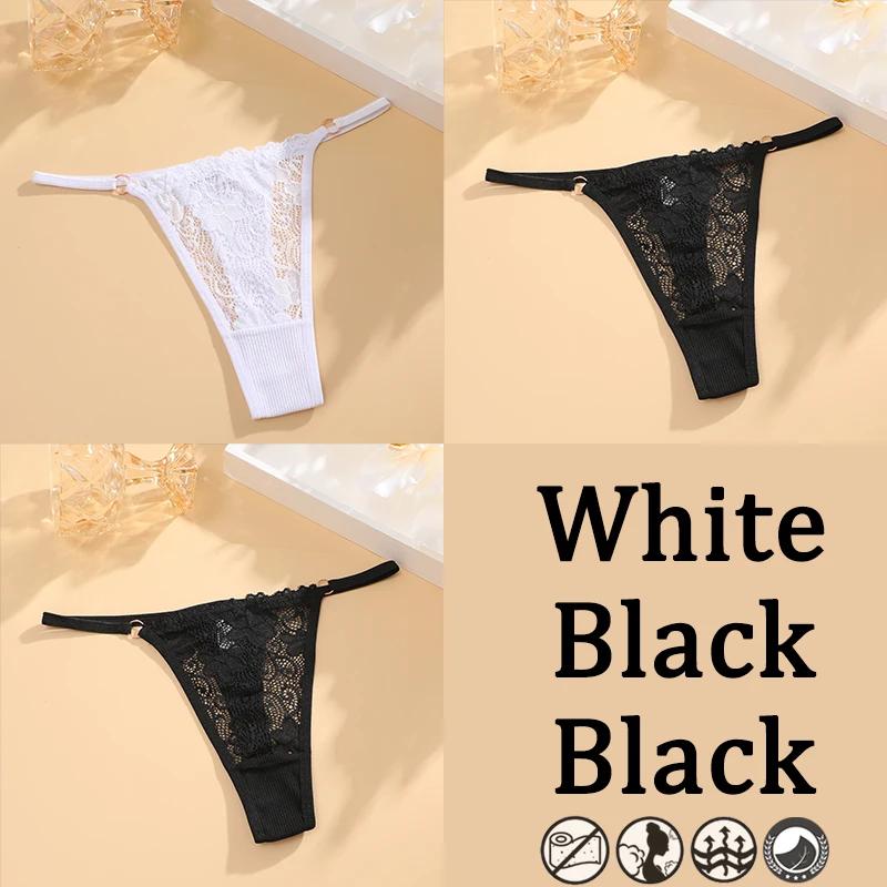 3PCs Low Waisted G-String Women American Lace Lady Cotton-Back Breathable Sheer Thin Strap Metal Thong