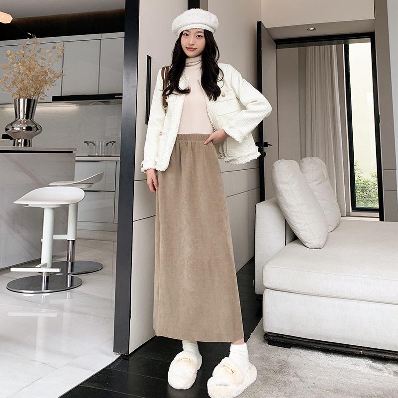 Maillard High Waist Wool Skirt for Women - Plus Size Autumn/Winter Slimming, High-End Design, Long Slit.