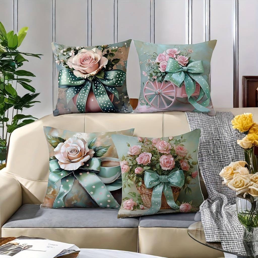 Pink Rose And Polka Dot Bow Pattern Home Decor Pillowcase Living Room Sofa Polyester Cushion Cover With Zipper