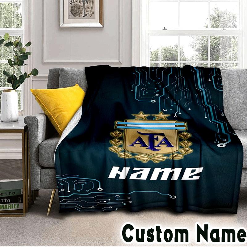 Custom Name Argentina Football Crest Throws Blanket Flannel Blankets for Couch Bed Gifts for Men Women Picnic blanket Christmas fan gifts