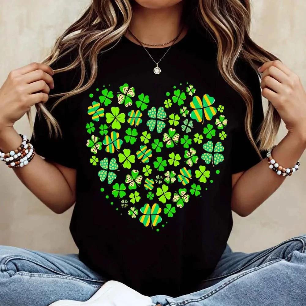 Heart Shape Clover Pattern T Shirt Casual Wear For St Patrick's Day Celebration