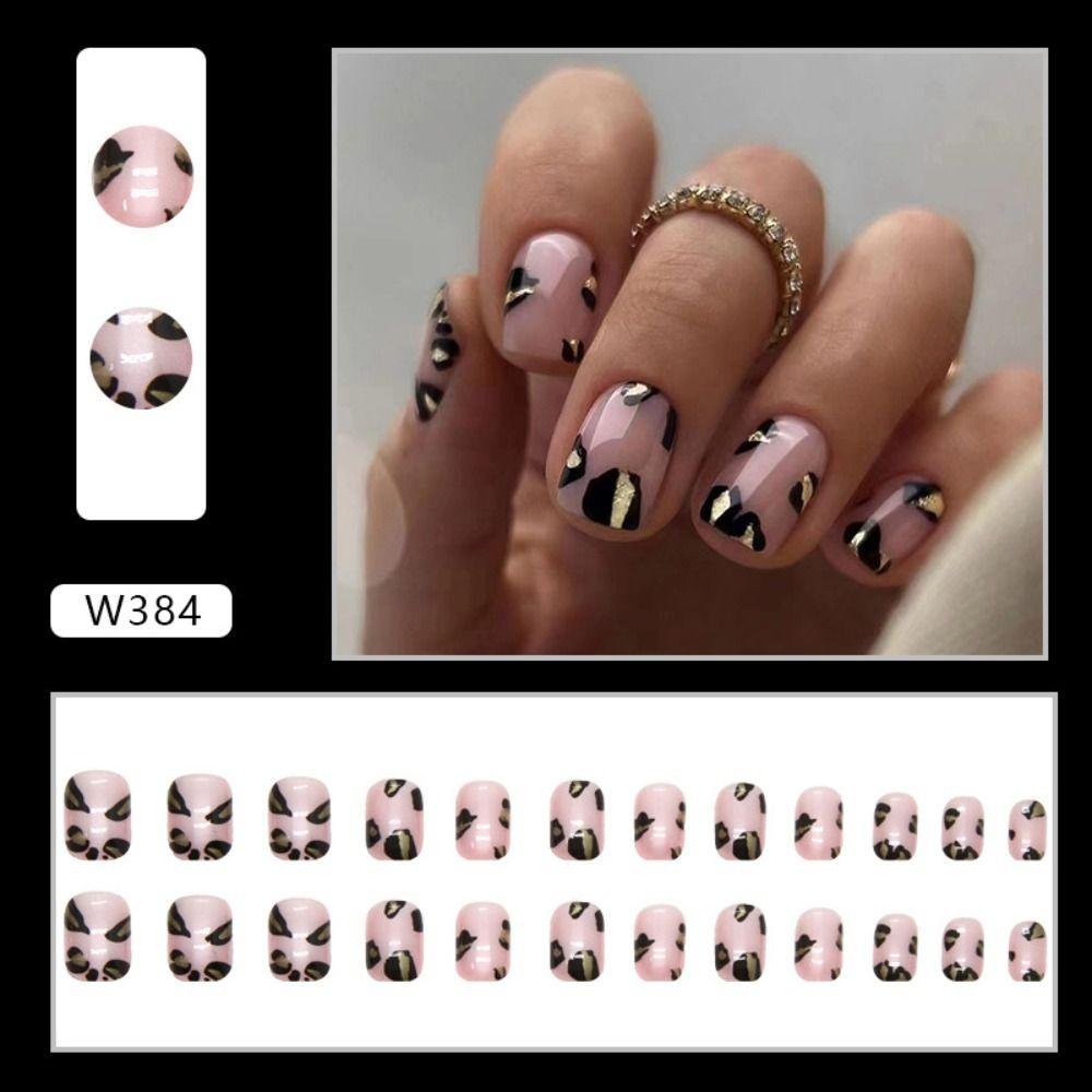 24pcs Detachable Fake Nials Press On Nails Pink Glitter Gold Edge False Nails French Short Square
