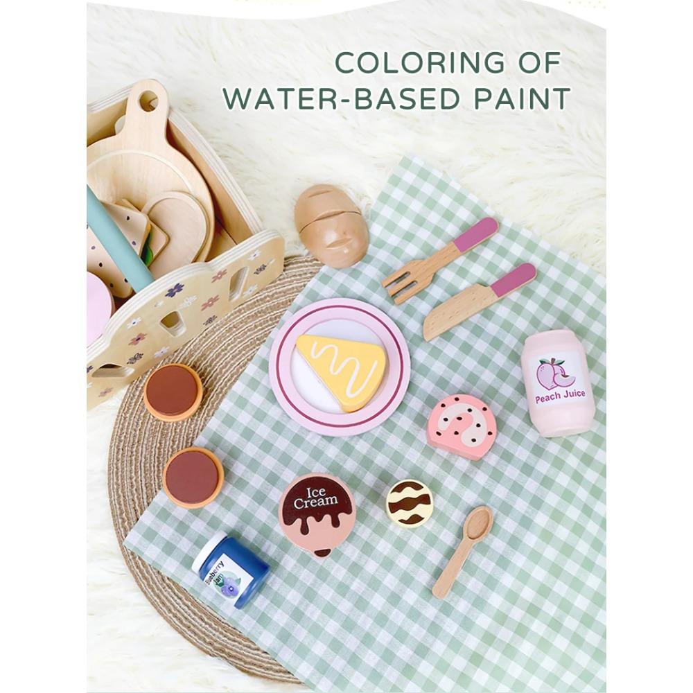 Picnic Basket Hand-held Basket Pretend Play Toys Children's Wooden Simulation Tableware Set Girls' Toys Desserts and Cakes
