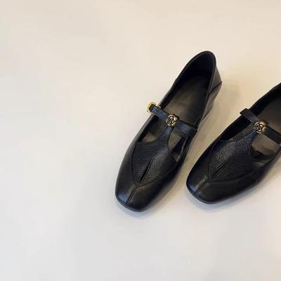 Версия из овчины~ Французские ретро туфли-лодочки с полым ремешком и камелией, женские универсальные кожаные туфли на толстом каблуке Мэри Джейн