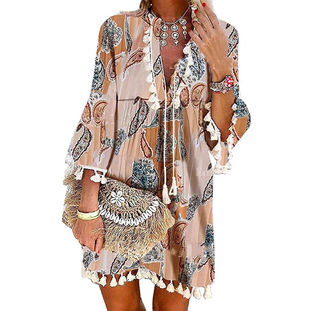 Женское модное платье в стиле бохо с рукавом три четверти, кружевное мини-платье с v-образным вырезом и кисточками