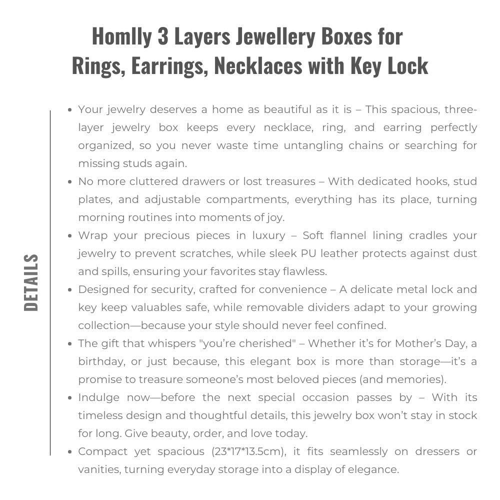 Homlly 3 Layers Jewellery Boxes for Rings, Earrings, Necklaces with Key Lock