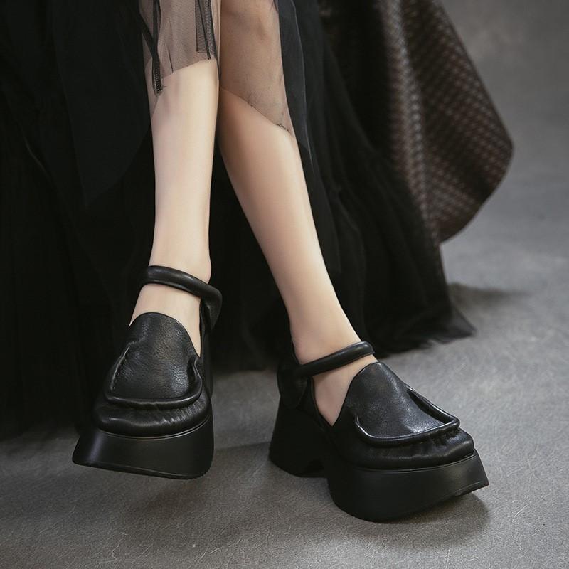 Johnature Сандалии из натуральной кожи на толстой подошве Ретро Круглый носок Толстый каблук Женская платформа